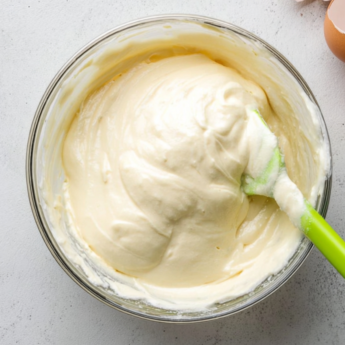 Best Japanese Pancakes Recipe 11 Top-down food photography of a glass bowl filled with thick, smooth whipped egg whites or pancake batter, creamy white texture with soft peaks, a green silicone spatula resting inside the bowl, cracked eggshells on a light gray kitchen countertop, natural soft lighting, clean minimal aesthetic, high resolution, realistic food styling.