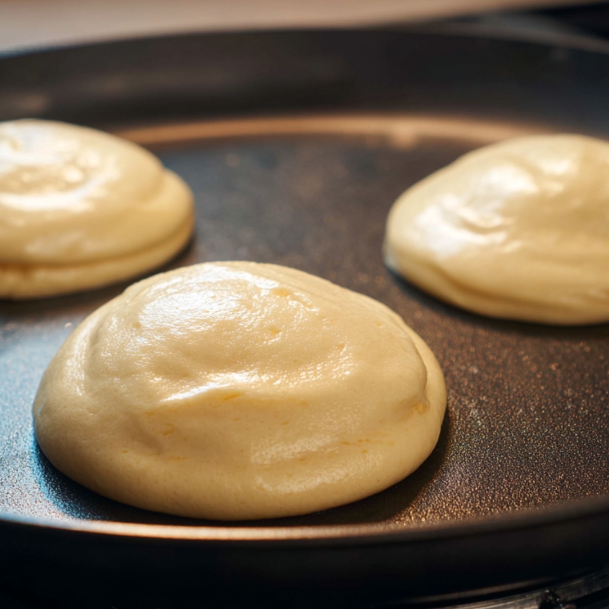 Best Japanese Pancakes Recipe 12 Uncooked Japanese soufflé pancake batter portions on a non-stick pan, thick and glossy batter, rounded shape, realistic cooking preparation scene, overhead angle, soft ambient lighting, high detail, professional food photography
