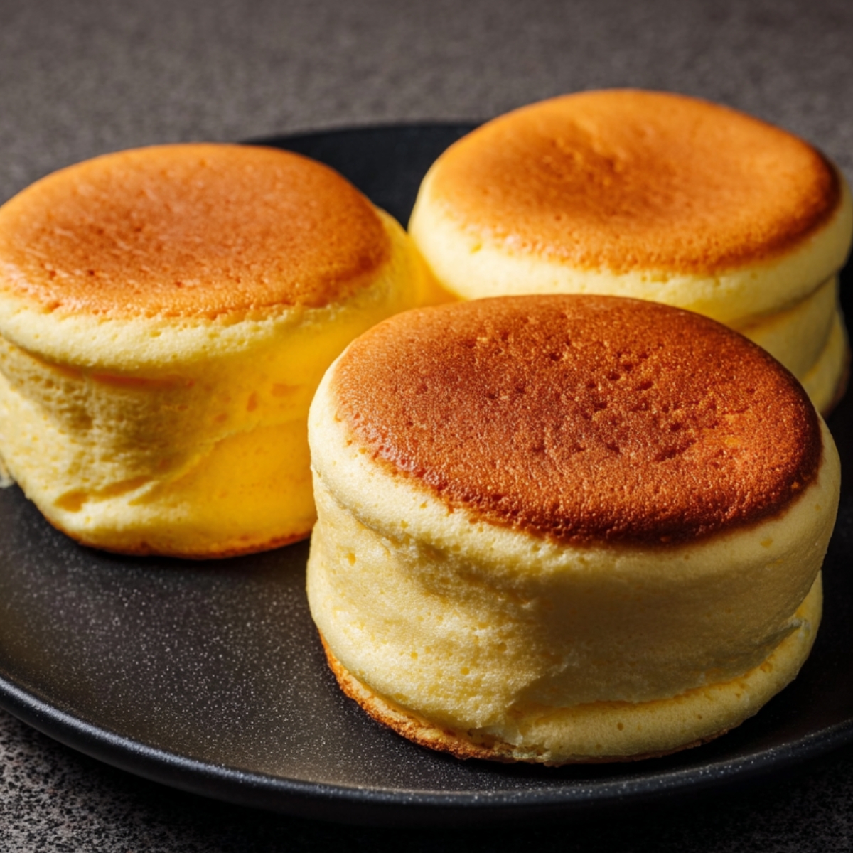 Best Japanese Pancakes Recipe 13 Three Japanese soufflé pancakes on a matte black plate, tall and jiggly texture, smooth golden-brown tops, fluffy sides, realistic cooking result, natural kitchen lighting, sharp focus, high-resolution food photography, minimal styling