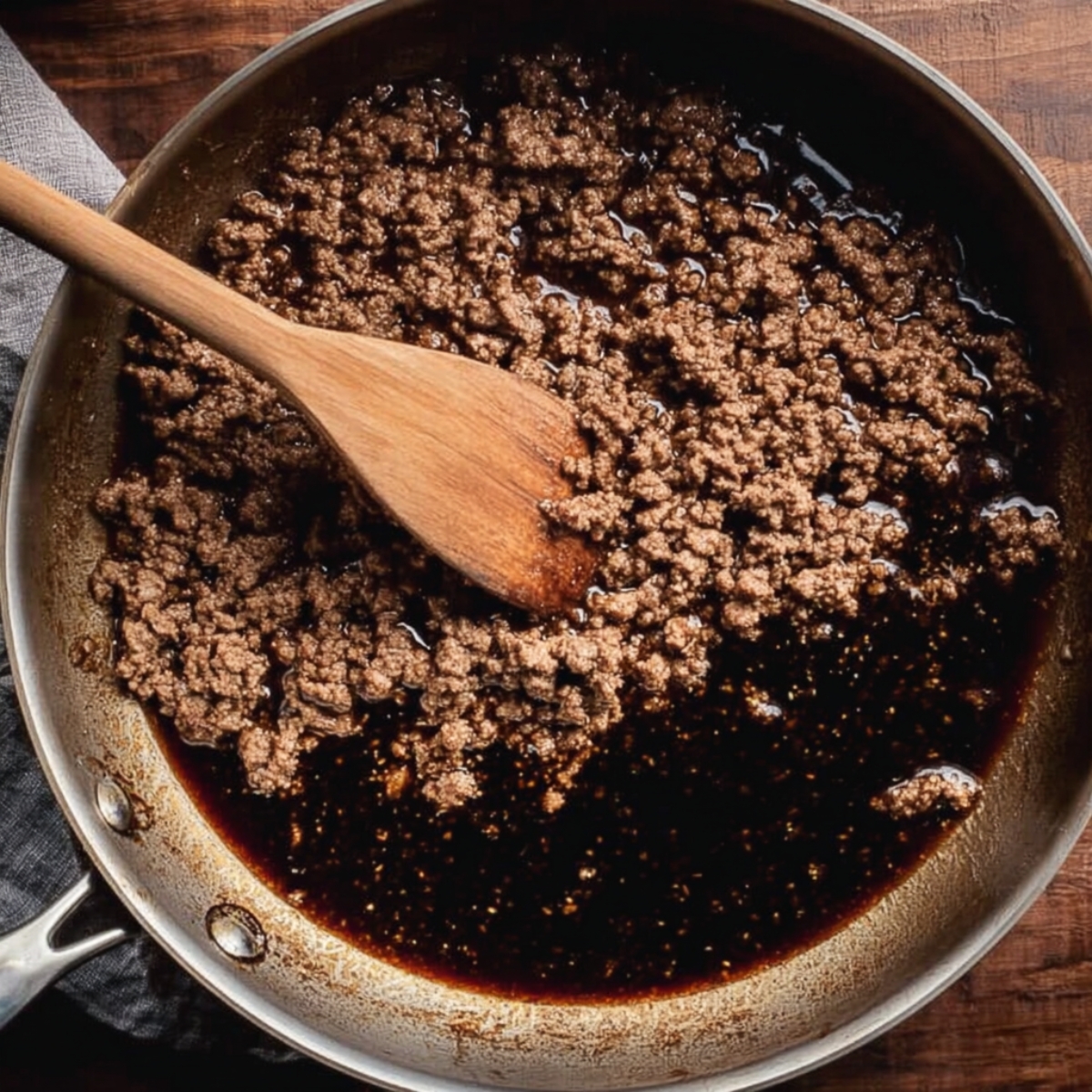 Easy Mongolian Ground Beef Noodles 11 Ground beef simmering in a rich dark soy-based sauce in a skillet, stirred with a wooden spoon, close-up overhead view.