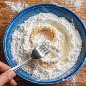 Easy Onion Rings Recipe | 8 Steps to Crispy Perfection 16 Hand dipping onion rings into seasoned flour in a blue bowl, fork stirring flour coating, overhead angle, wooden table background, step-by-step cooking photography.