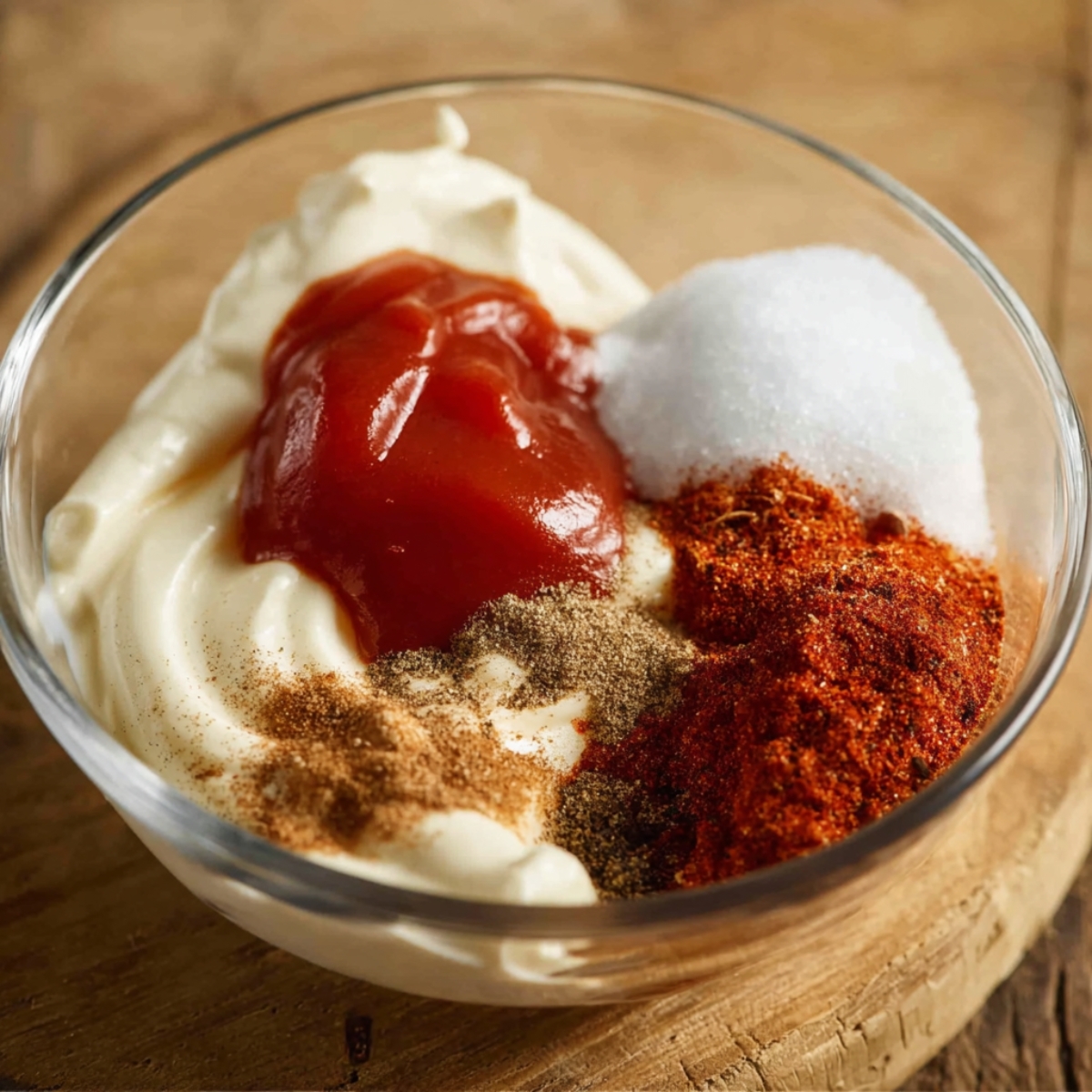 Easy Onion Rings Recipe | 8 Steps to Crispy Perfection 13 A close-up food photography shot of a glass bowl containing mayonnaise, ketchup, white sugar, paprika, and spices arranged separately before mixing, on a wooden surface, soft natural light, rustic kitchen style, high detail.
