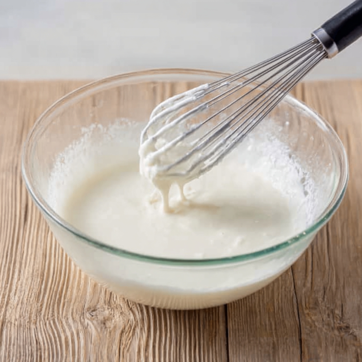 Easy Onion Rings Recipe | 8 Steps to Crispy Perfection 10 A glass bowl with smooth white batter being whisked, metal whisk in motion, minimal ingredients, clean wooden background, bright natural lighting, cooking preparation scene.