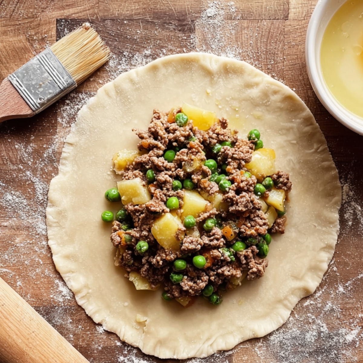 Easy baked beef empanadas | Golden & Freezer-Friendly 12 Raw empanada dough circle on wooden surface filled with seasoned ground beef, peas and diced potatoes in the center, egg wash bowl and pastry brush beside it, step-by-step cooking process, overhead shot, natural kitchen light, realistic food photography, high detail