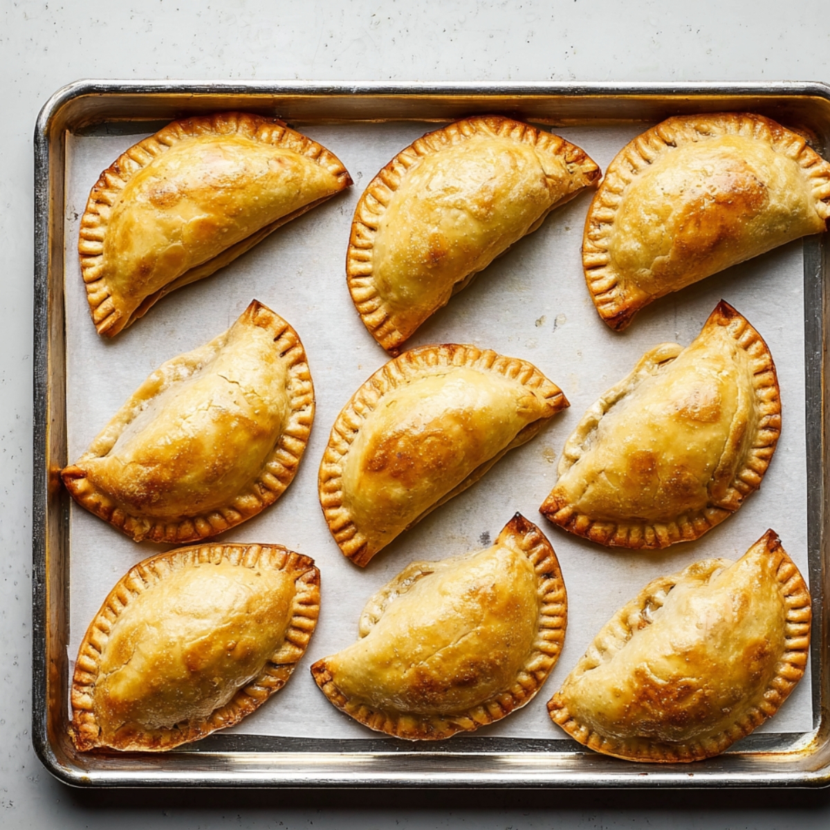 Easy baked beef empanadas | Golden & Freezer-Friendly 13 Freshly baked beef empanadas lined on a metal baking sheet with parchment paper, evenly spaced, golden brown crust, top-down flat lay composition, clean minimal background, bright natural light, professional food photography, high resolution, bakery style