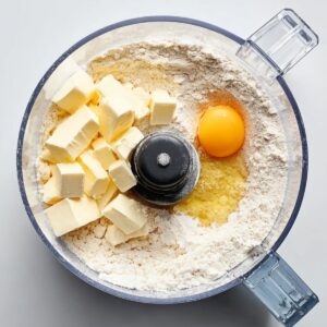 Easy baked beef empanadas | Golden & Freezer-Friendly 15 Food processor bowl filled with flour, cubed butter, egg and water for empanada dough, top-down view, bright minimal background, clean baking preparation scene, professional food photography, high realism, soft natural light