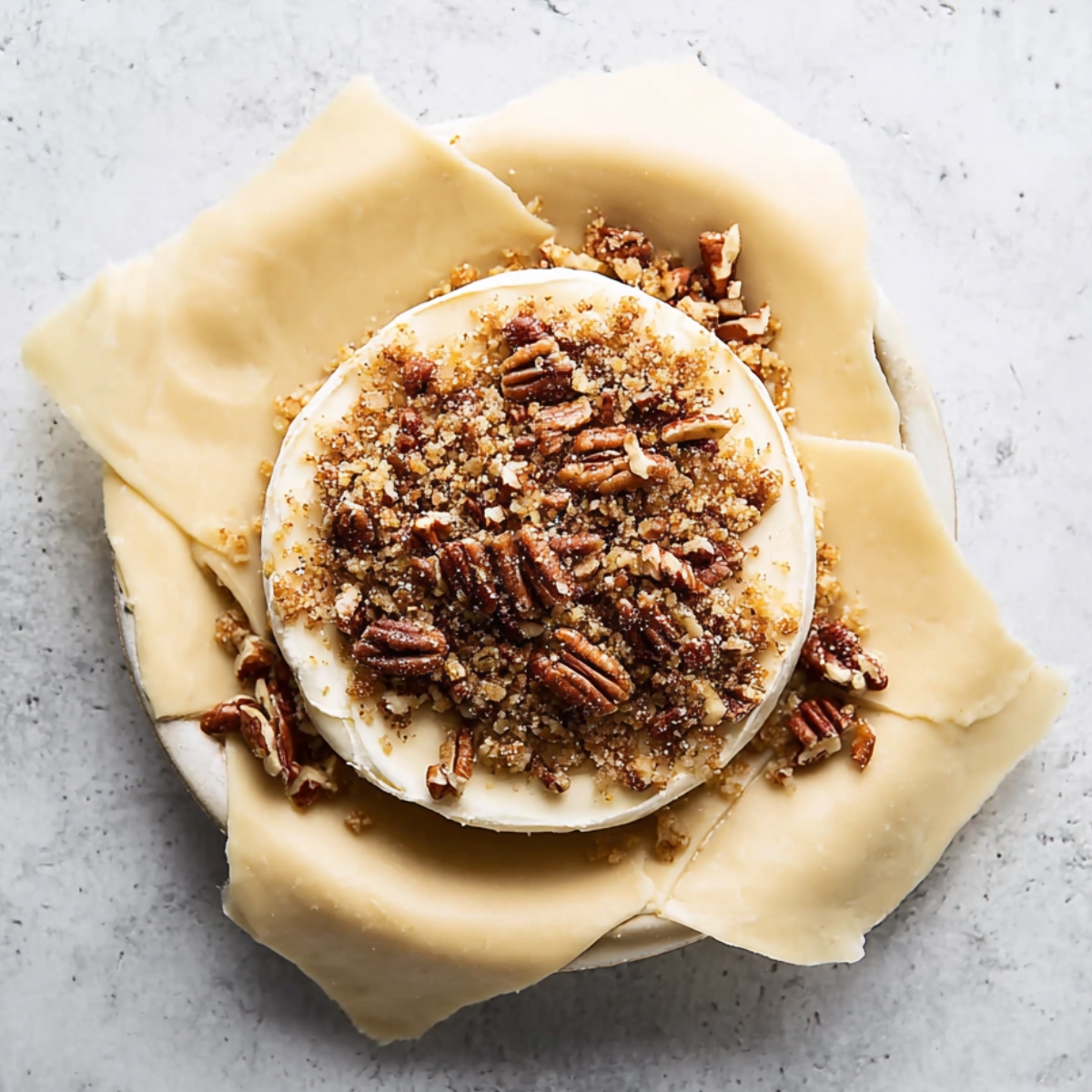 Easy Baked Brie in Puff Pastry Recipe 11 Brie cheese topped with brown sugar and chopped pecans on puff pastry before baking