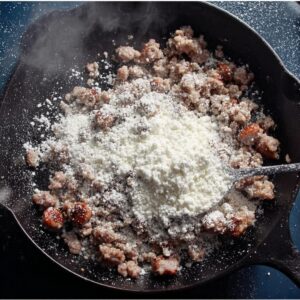 Breakfast Gravy Recipe 16 Flour sprinkled over cooked sausage in a cast iron pan, preparing the base for homemade sausage gravy.