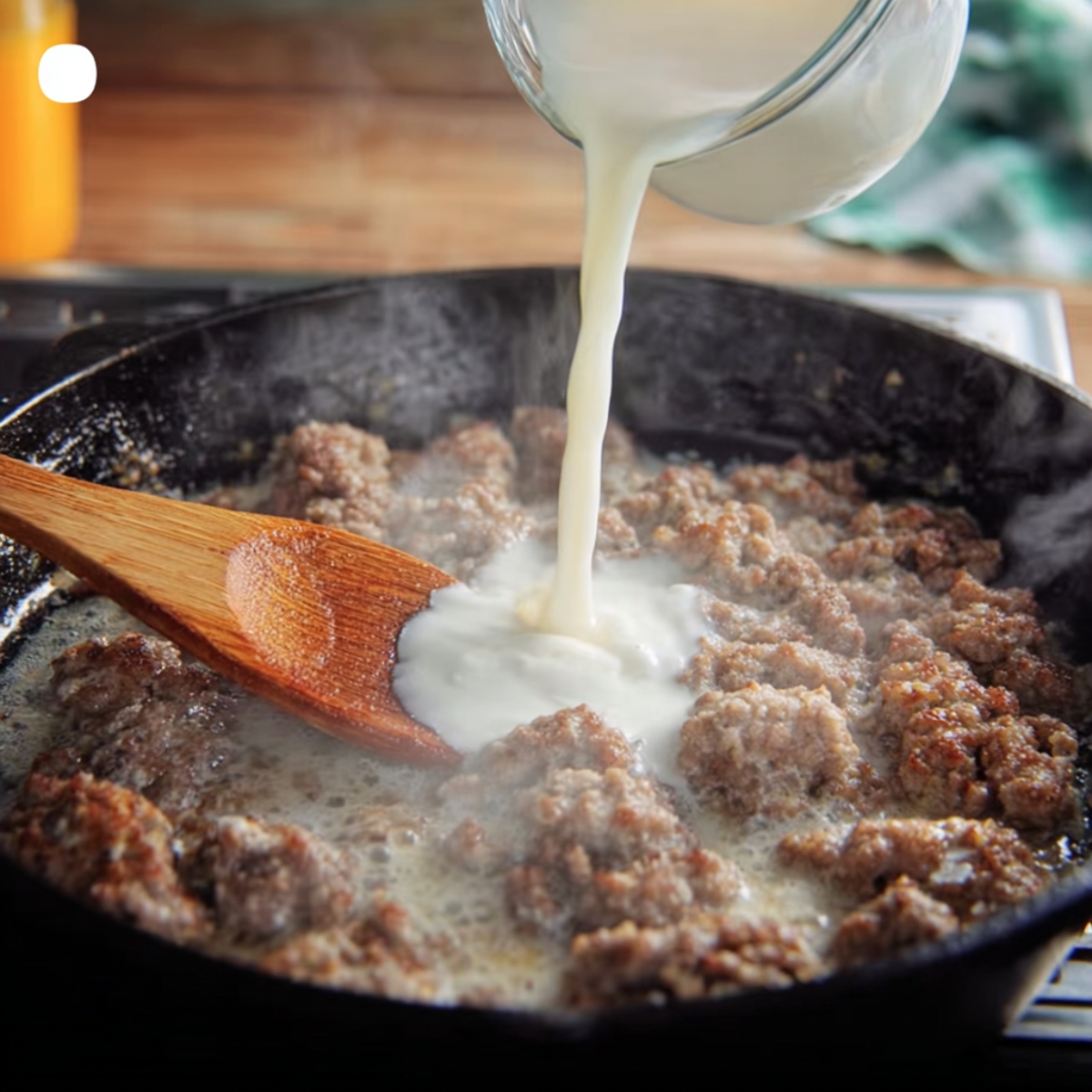 Breakfast Gravy Recipe 12 Milk being poured into browned sausage in a skillet while stirring, beginning the process of making creamy sausage gravy.