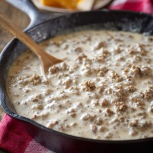 Breakfast Gravy Recipe 18 Creamy homemade sausage gravy simmering in a cast iron skillet with sausage crumbles and a wooden spoon.