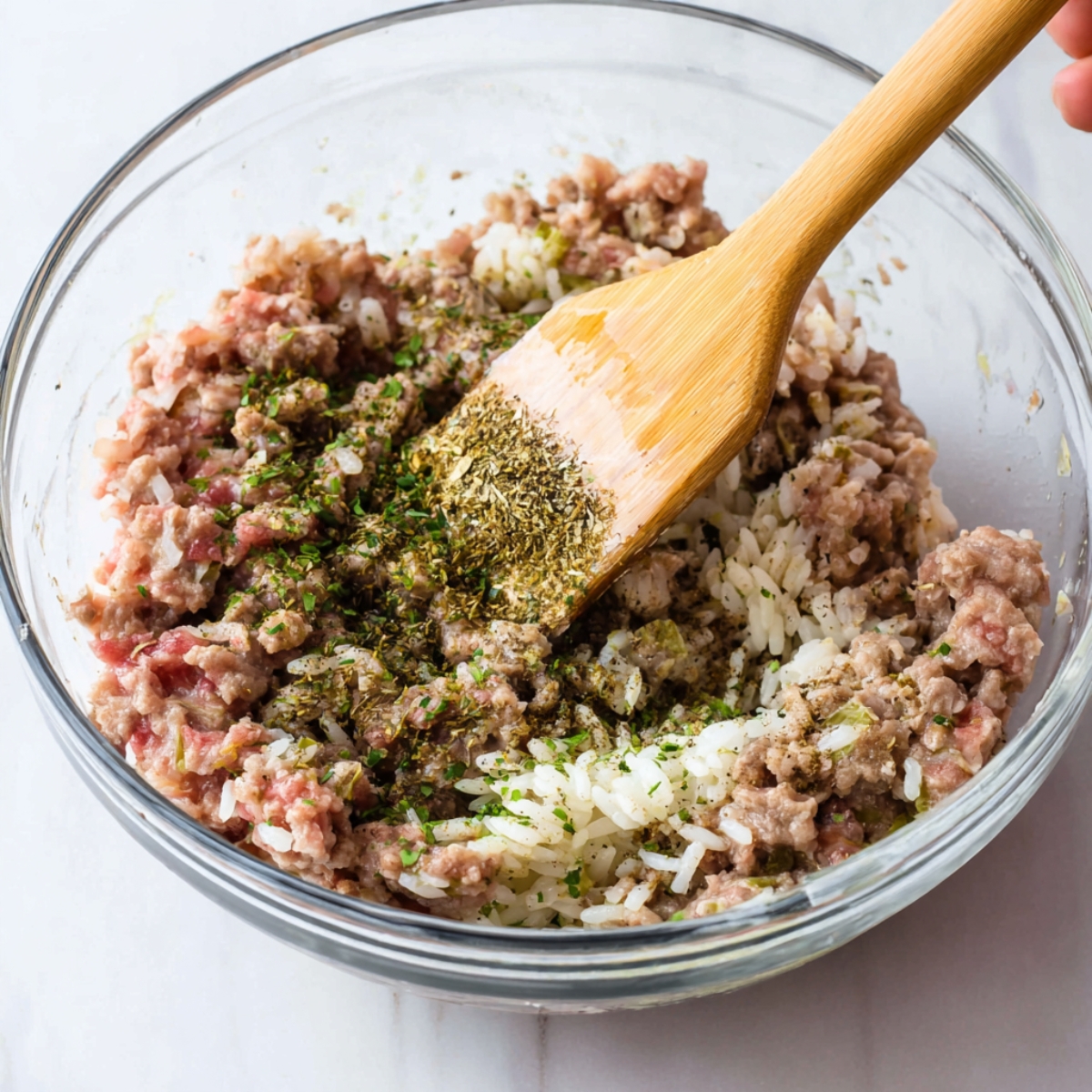 Cabbage Rolls Recipe 11 Close-up of ground meat, rice, and spices being mixed together in a glass mixing bowl.