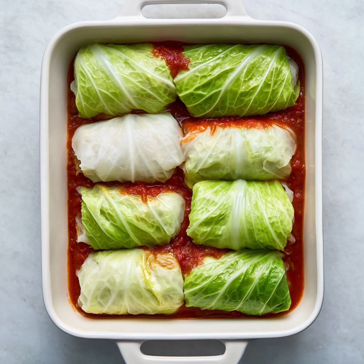 Cabbage Rolls Recipe 13 Cabbage rolls neatly arranged in a baking dish, ready to be baked, with tomato sauce covering the bottom
