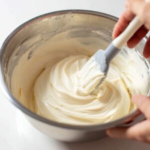 Easy Carrot Cupcake Recipe | Moist & Ready in 40 Minutes 17 Cream cheese frosting being mixed in a stainless steel bowl with a silicone spatula, smooth and glossy texture, hands in action, bright white background, high-detail baking preparation photo.