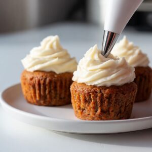 Easy Carrot Cupcake Recipe | Moist & Ready in 40 Minutes 18 Close-up food photography of carrot cake cupcakes being frosted with cream cheese frosting using a piping bag, soft swirl texture, white plate, bright natural light, clean minimal background, professional baking scene.