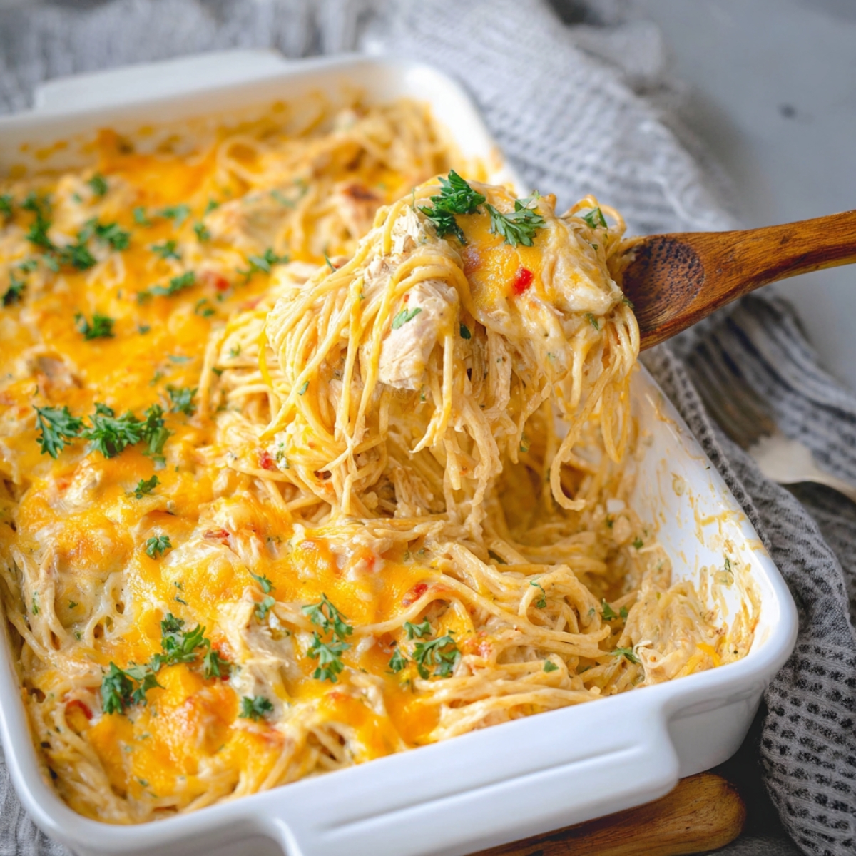 Chicken Spaghetti Casserole Recipe, Easy & Creamy! 13 A photo of chicken spaghetti casserole being served, showing layers of cheese and chicken with pasta.