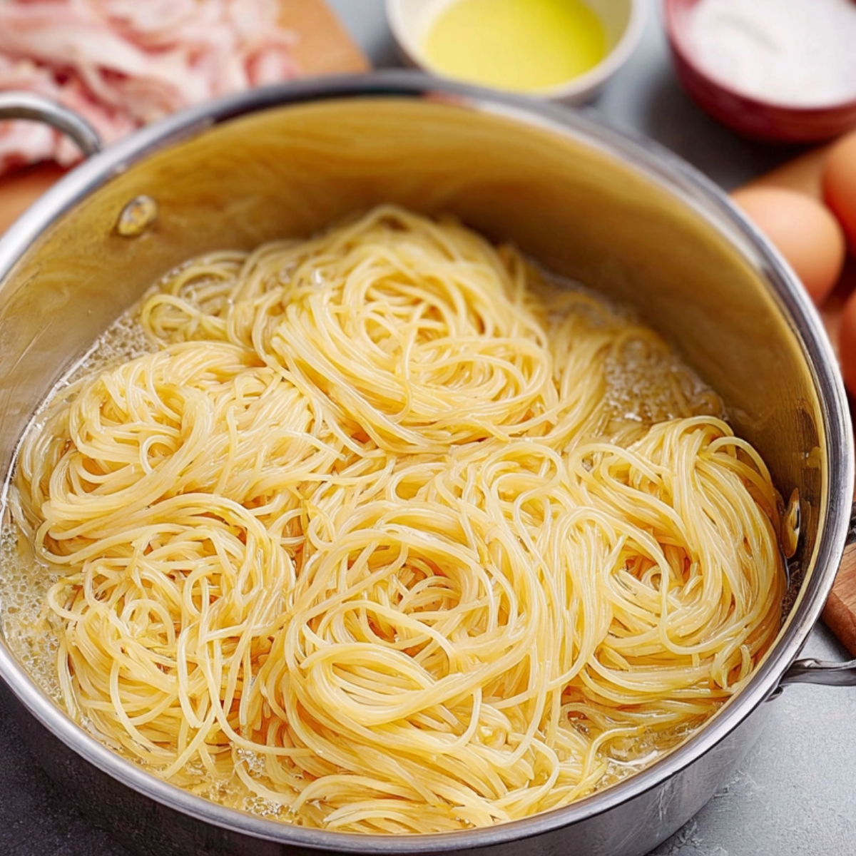 Chicken Spaghetti Casserole Recipe, Easy & Creamy! 10 A photo of a homemade chicken spaghetti casserole on a plate, showing a cheesy and creamy texture with chicken pieces visible.