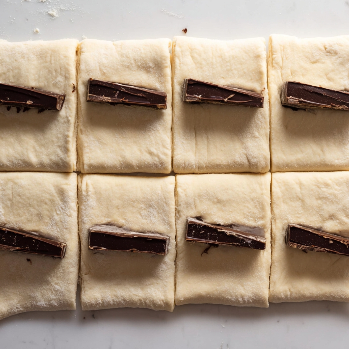 Chocolate Croissants Recipe 12 Raw croissant dough cut into even rectangles, dark chocolate batons placed on top of each piece, clean marble countertop, step-by-step baking process, natural soft light, minimal food styling, overhead shot