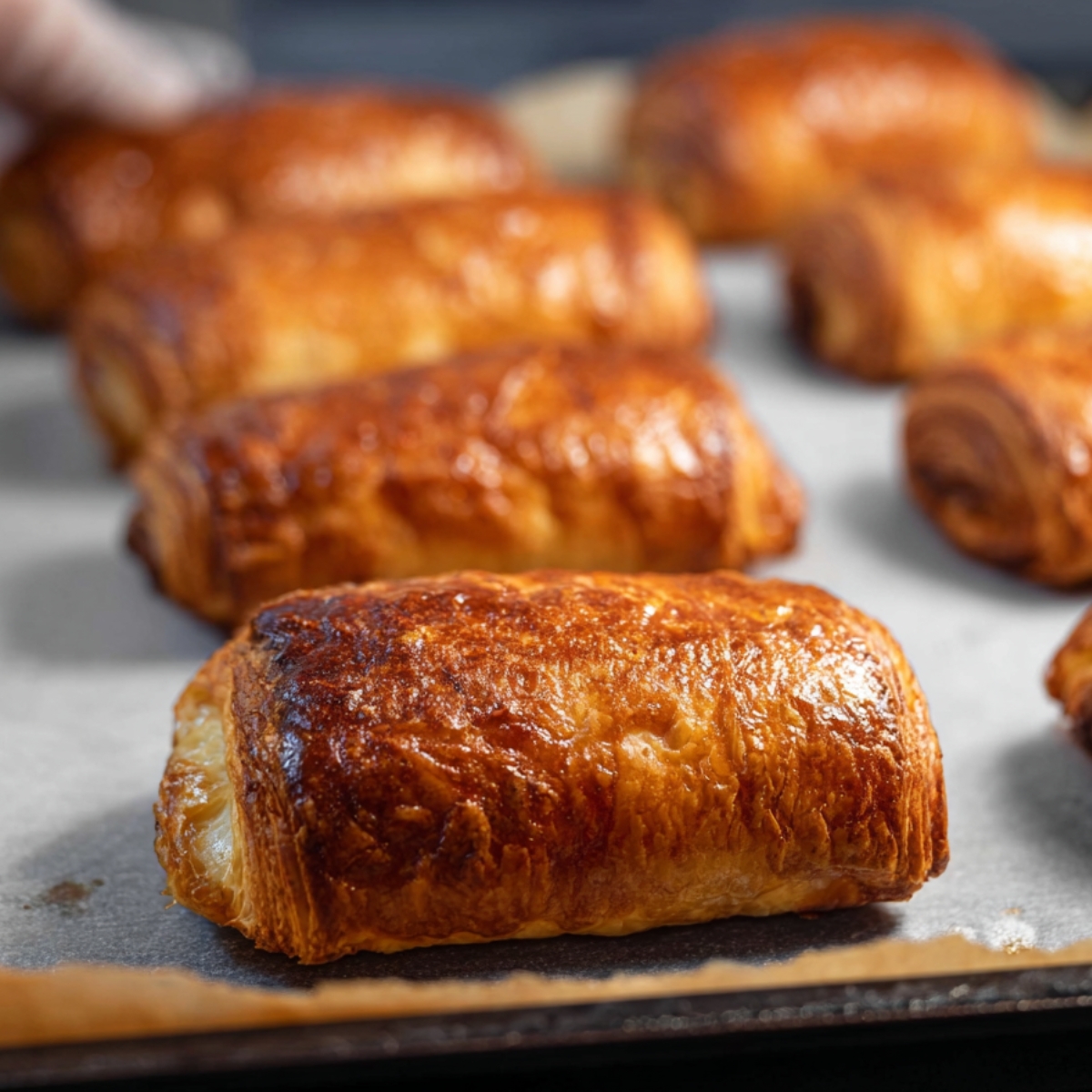 Chocolate Croissants Recipe 13 Golden baked pain au chocolat arranged on a baking tray lined with parchment paper, flaky laminated pastry with deep golden brown color, glossy egg-wash finish, bakery-style lighting, high detail food photography, shallow depth of field, professional kitchen background