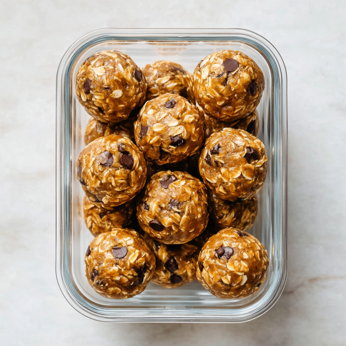 Energy Ball Recipe | No-Bake Snack Ready in 10 Minutes 12 Overhead view of no-bake peanut butter oat energy balls arranged in a glass meal prep container, healthy snack recipe