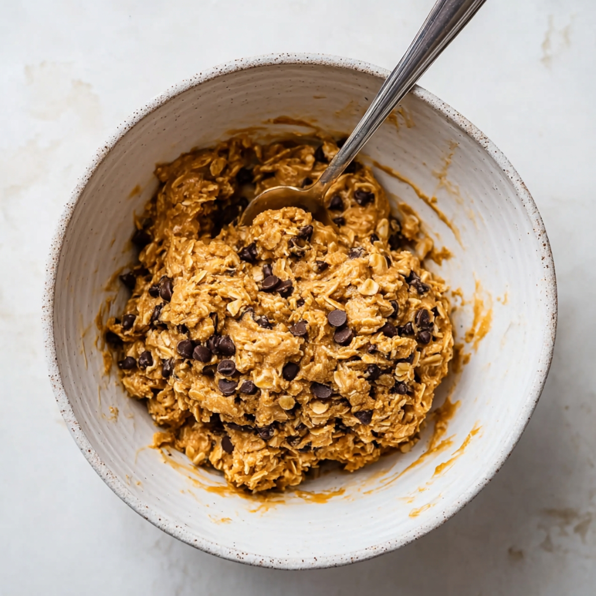 Energy Ball Recipe | No-Bake Snack Ready in 10 Minutes 10 Peanut butter oat mixture with chocolate chips in a white bowl, preparing no-bake energy balls, healthy snack prep