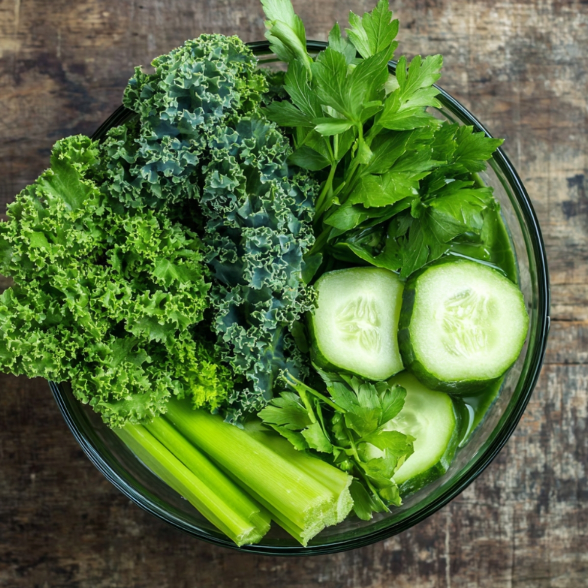 6-Ingredient Green Juice Recipe (Ready in 15 Minutes!) 10 Glass bowl filled with fresh green juice ingredients including kale, cucumber, celery and parsley on a rustic wooden surface, top-down flat lay, natural light, clean healthy lifestyle aesthetic, high-resolution food photography, organic and fresh look