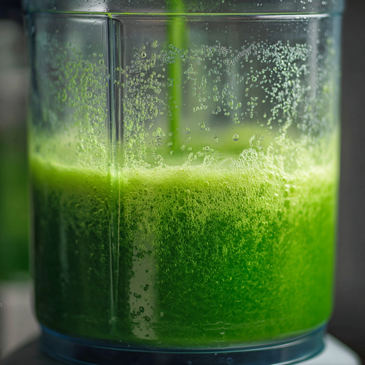 6-Ingredient Green Juice Recipe (Ready in 15 Minutes!) 11 Fresh green juice blending inside a transparent blender jar, vibrant green color, visible foam and bubbles, close-up shot, natural kitchen lighting, realistic food photography, high detail, healthy drink concept, shallow depth of field, 4k quality