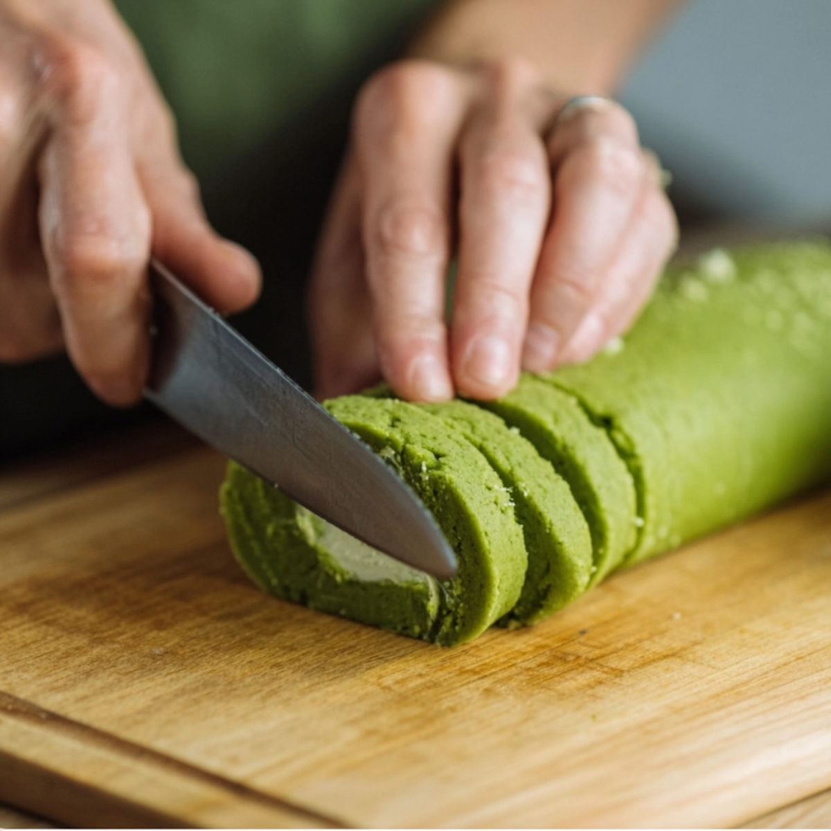 Easy Matcha Cookies Recipe 11 Close-up action shot of hands slicing green matcha cookie dough log with a sharp knife on a wooden cutting board, clean cuts, natural light, step-by-step baking tutorial, realistic food photography
