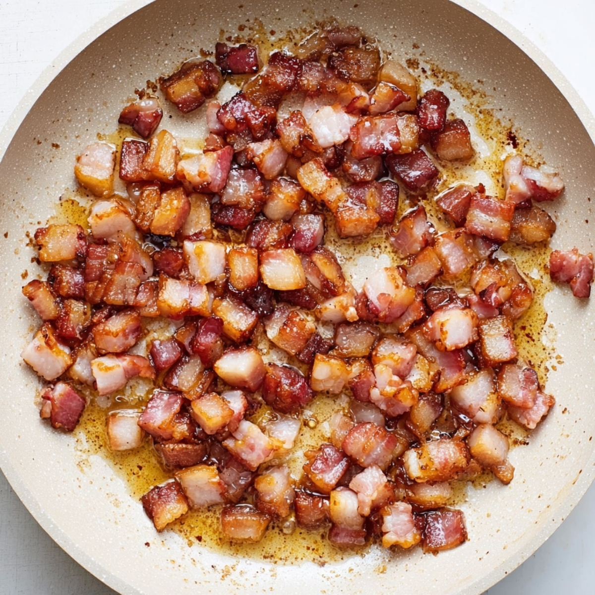 Best Omelette Recipe 11 “Top-down food photography of crispy diced bacon cooking in a light-colored nonstick pan, rendered bacon fat, golden brown texture, minimal background, clean cooking aesthetic, high detail, realistic lighting