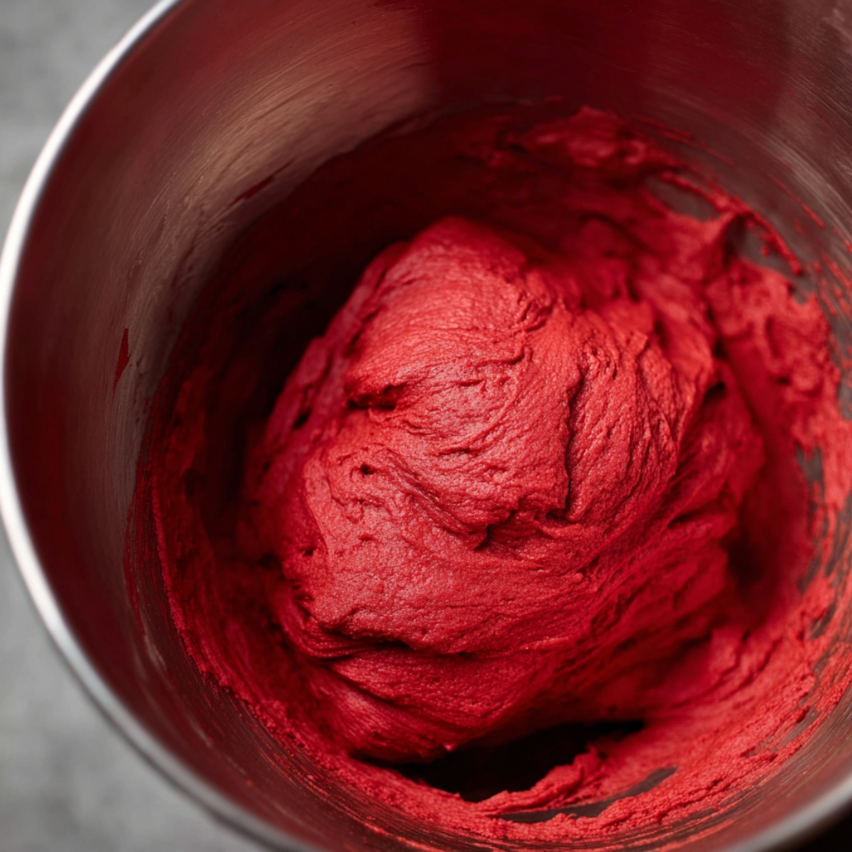 Best Red Velvet Cinnamon Rolls | Soft & Fluffy Recipe 11 Red velvet dough resting in a metal mixing bowl, smooth and vibrant red dough ready to rise.