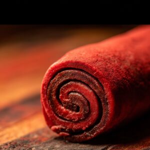 Best Red Velvet Cinnamon Rolls | Soft & Fluffy Recipe 17 Close-up of red velvet dough rolled into a cinnamon roll on a wooden surface, showing tight spiral layers.