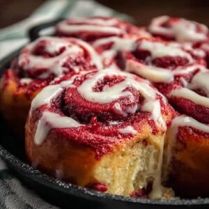 Best Red Velvet Cinnamon Rolls | Soft & Fluffy Recipe 18 Freshly baked red velvet cinnamon rolls topped with vanilla icing, arranged in a baking pan, soft and fluffy texture.
