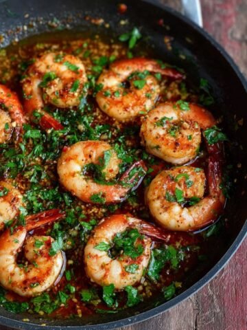 Gambas al Ajillo in garlic oil sauce, garnished with fresh parsley and red chili flakes, served in a rustic pan.