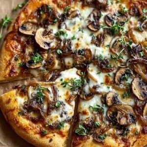 A delicious White Mushroom Pizza topped with caramelized onions, mozzarella cheese, and fresh thyme, with a slice pulled out.