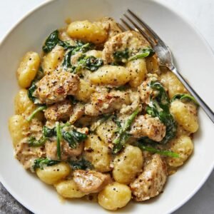 A close-up of Creamy Chicken and Gnocchi in a bowl, featuring tender chicken, soft gnocchi, and a creamy sauce, garnished with freshly cracked black pepper.