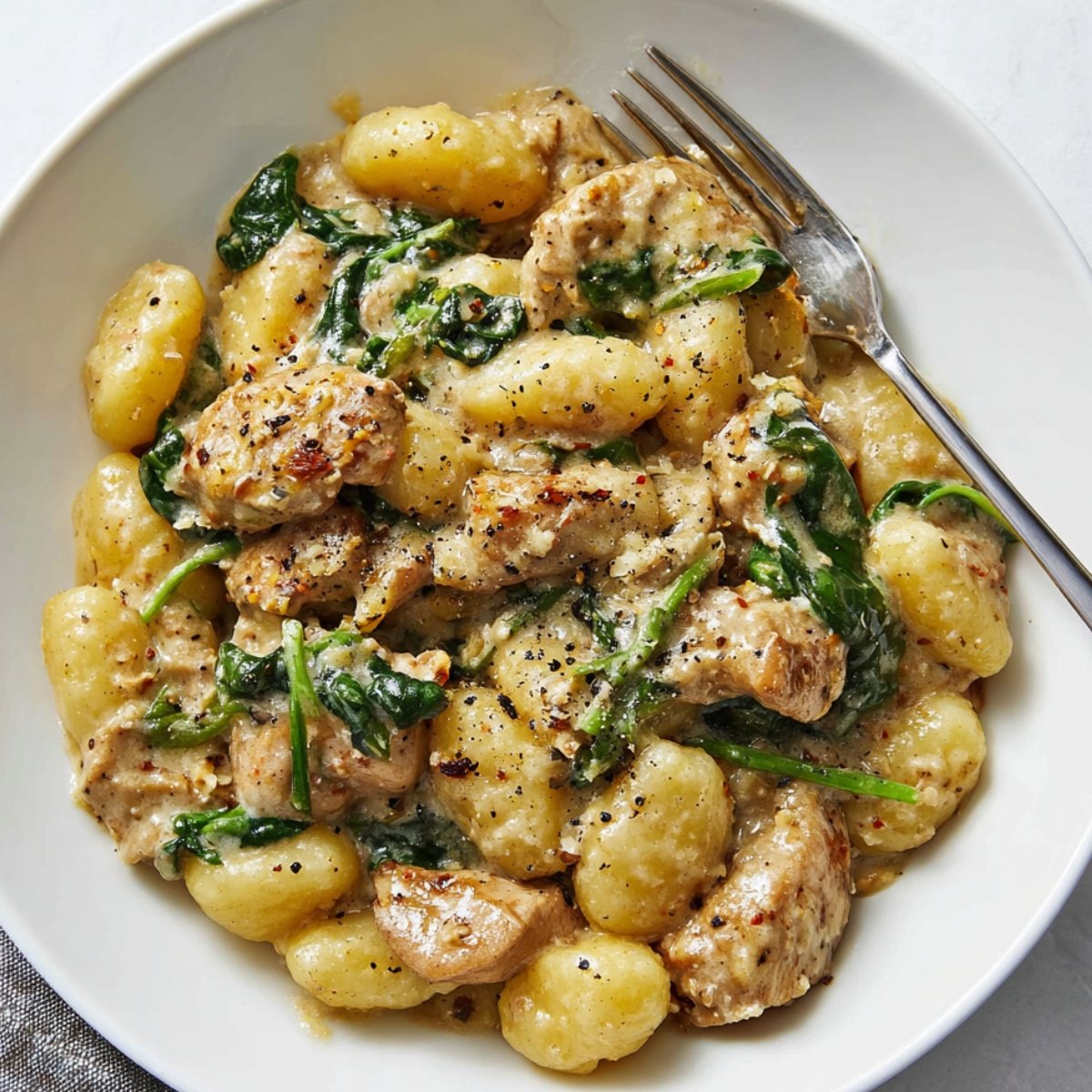 A close-up of Creamy Chicken and Gnocchi in a bowl, featuring tender chicken, soft gnocchi, and a creamy sauce, garnished with freshly cracked black pepper.