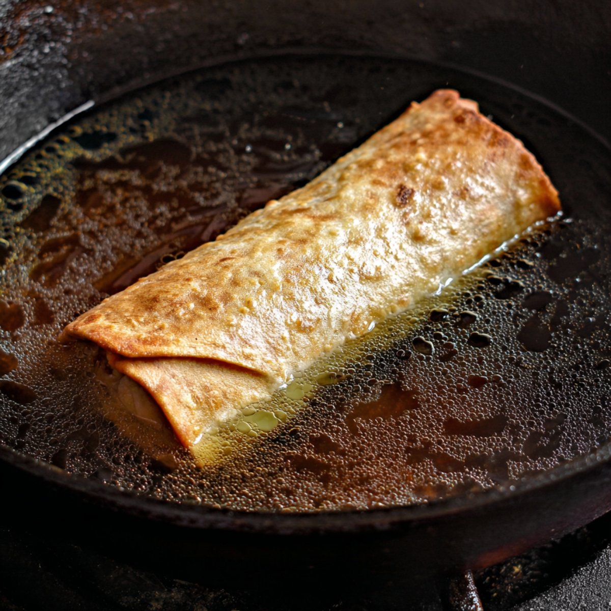 A chimichanga being deep-fried in hot oil in a cast iron skillet, turning golden-brown and crispy.