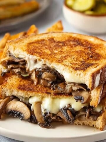 A close-up of a delicious Mushroom Patty Melt sandwich, featuring golden toasted bread, melted cheese, and sautéed mushrooms, served with crispy fries and pickles.