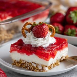 Slice of strawberry pretzel salad topped with whipped cream, strawberry, and pretzel twist.